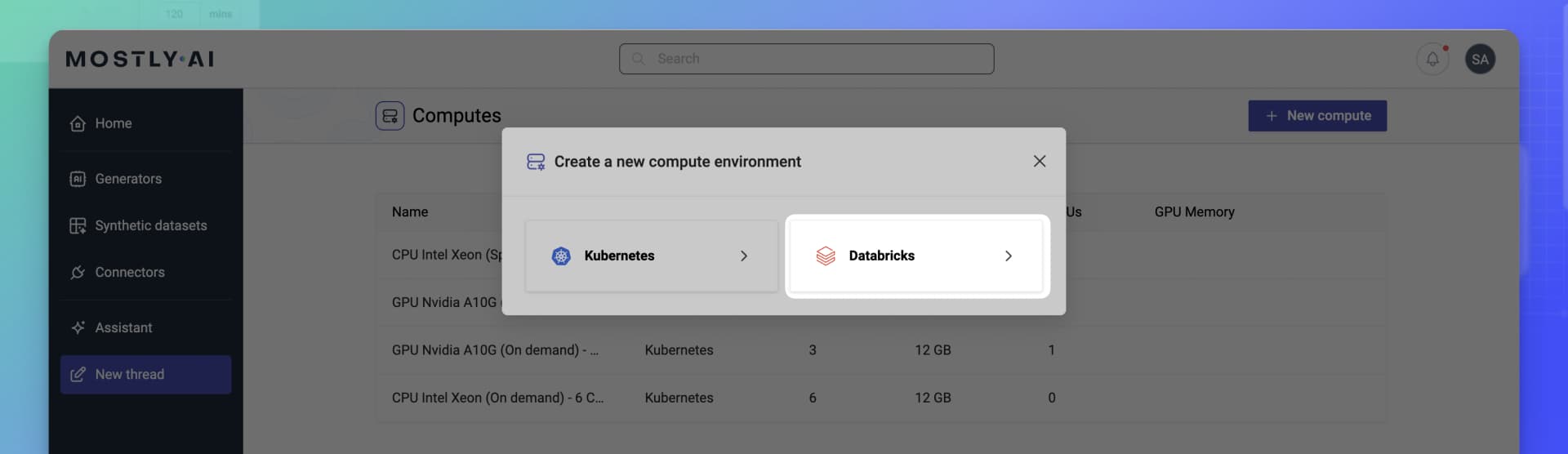 MOSTLY AI - Compute - Select Databricks