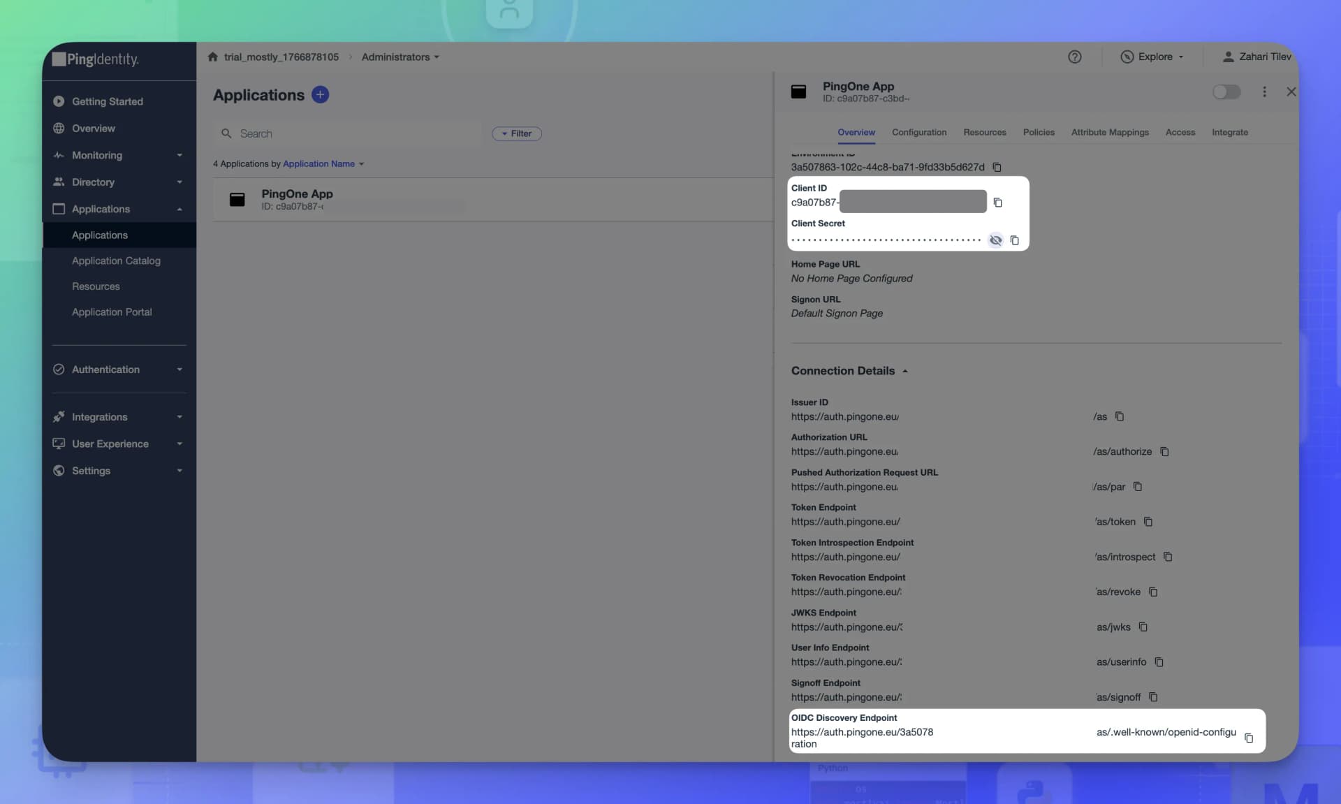 Create a PingOne application - Click Plus button