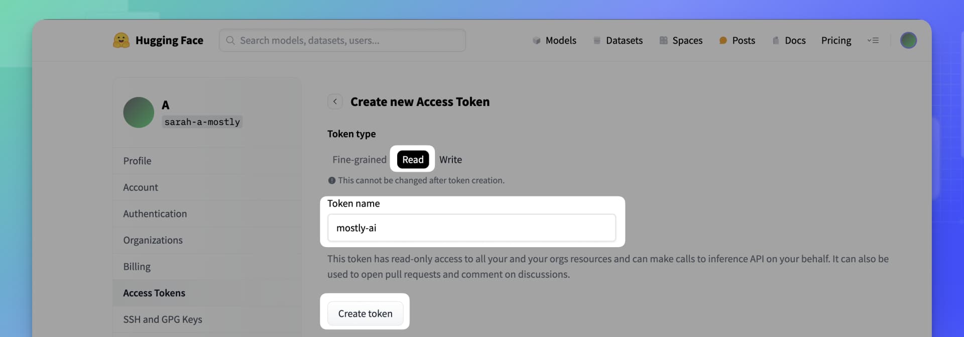 HuggingFace - Create a Read token