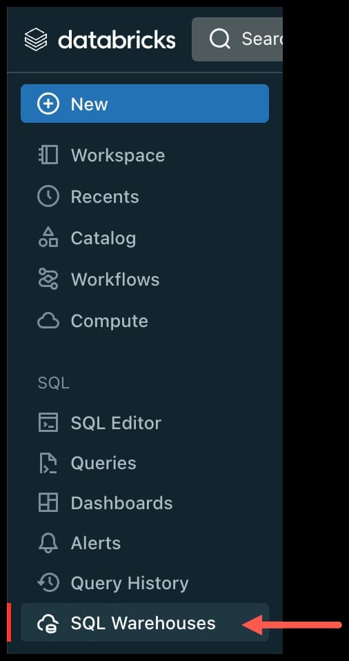 Databricks - Sidebar Select SQL Warehouses