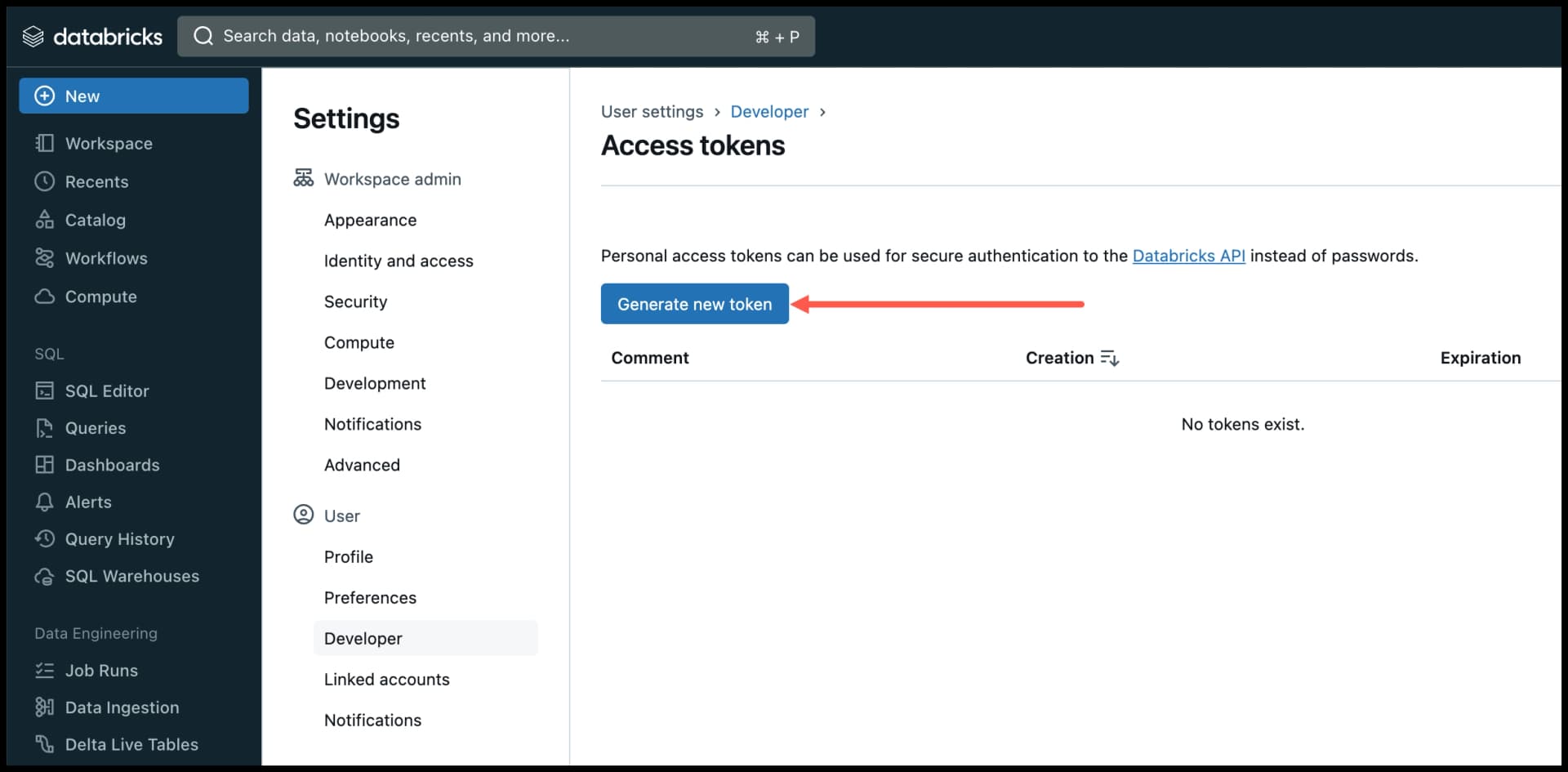 Databricks account - Generate new token