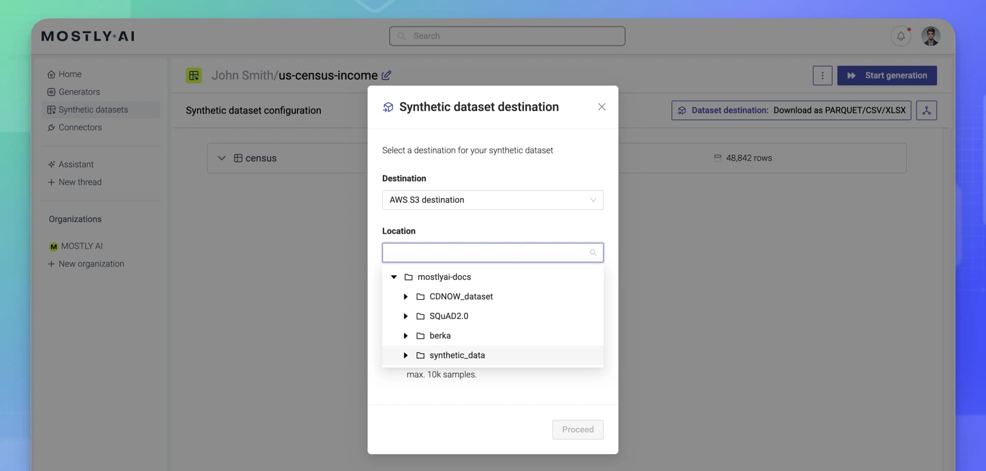 Synthetic dataset - Select a destination - Cloud storage configuration