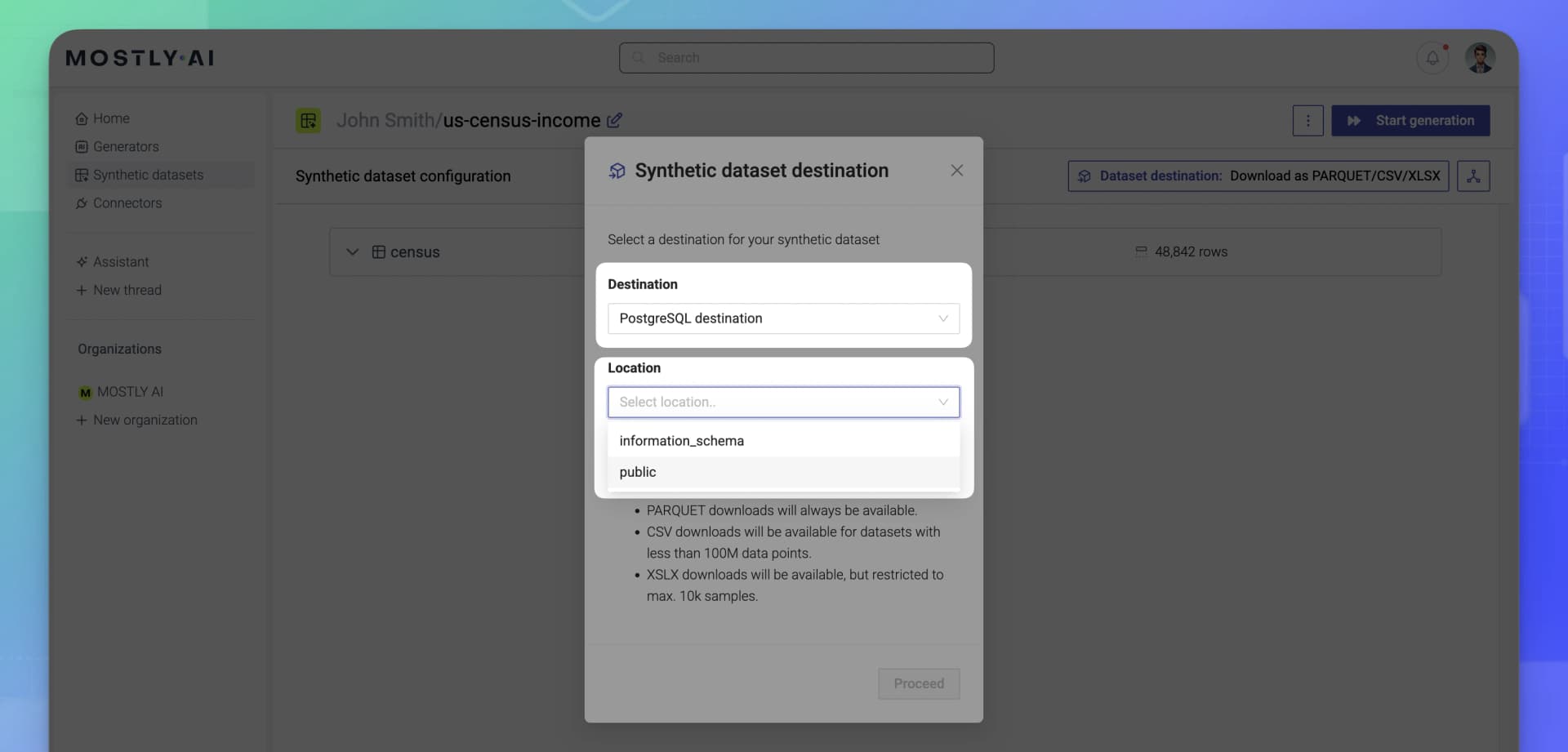 Synthetic dataset - Select a destination - Database configuration