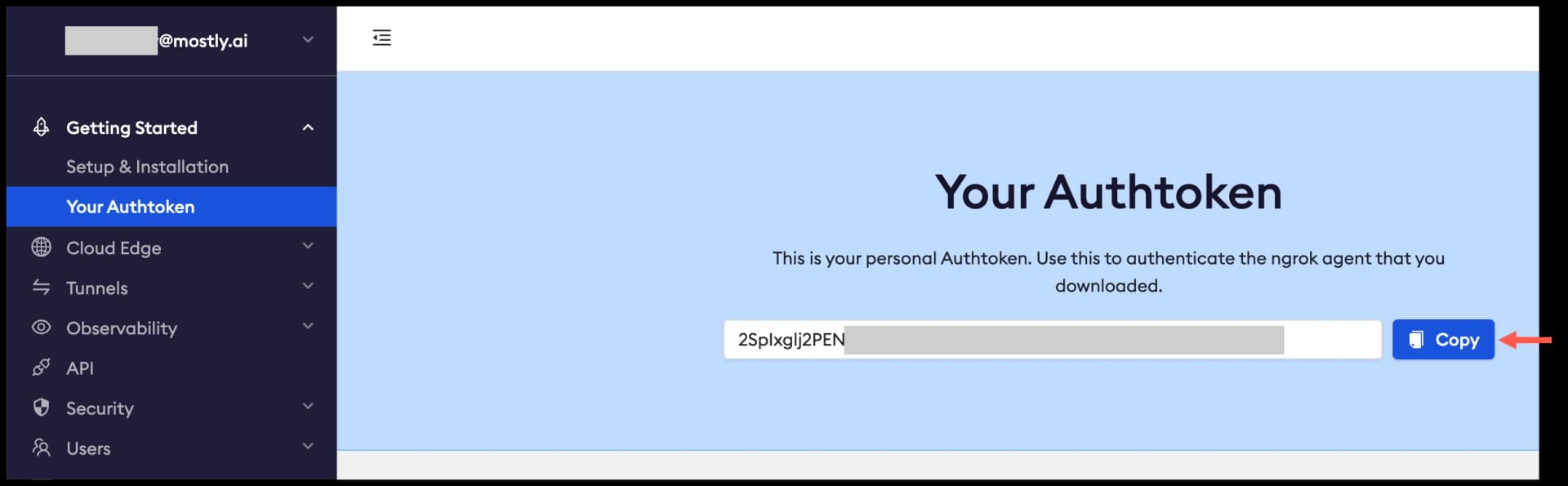 Local database as a data destination - Copy ngrok authentication token