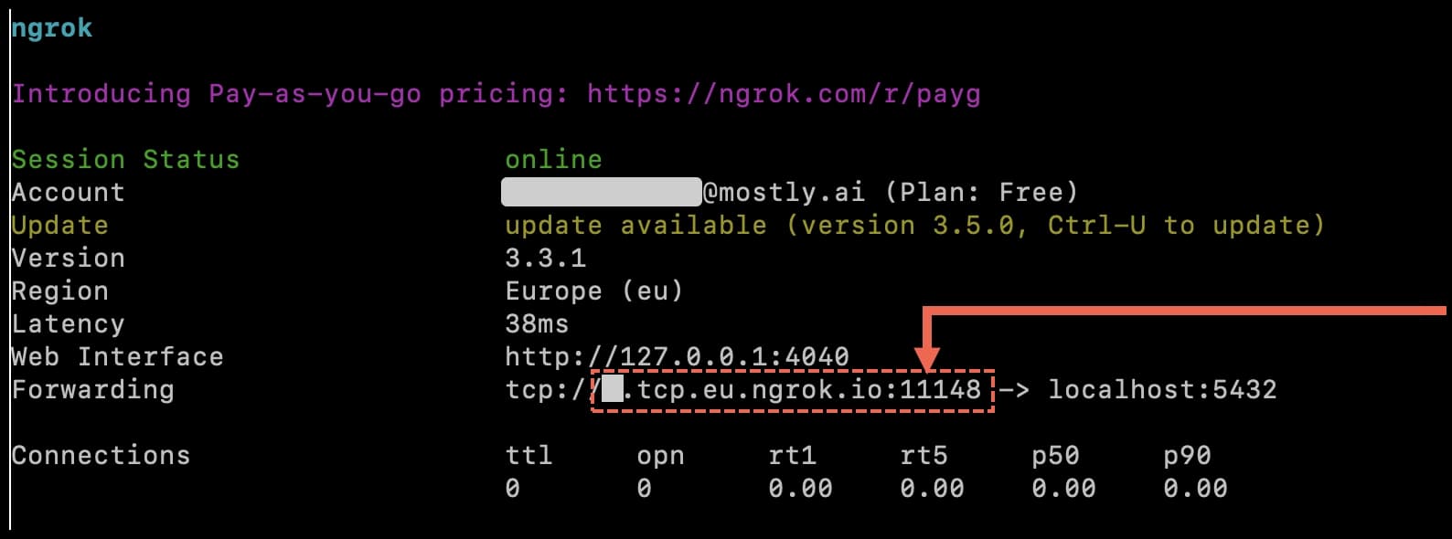 Local database as a data destination - ngrok status with forwarding address