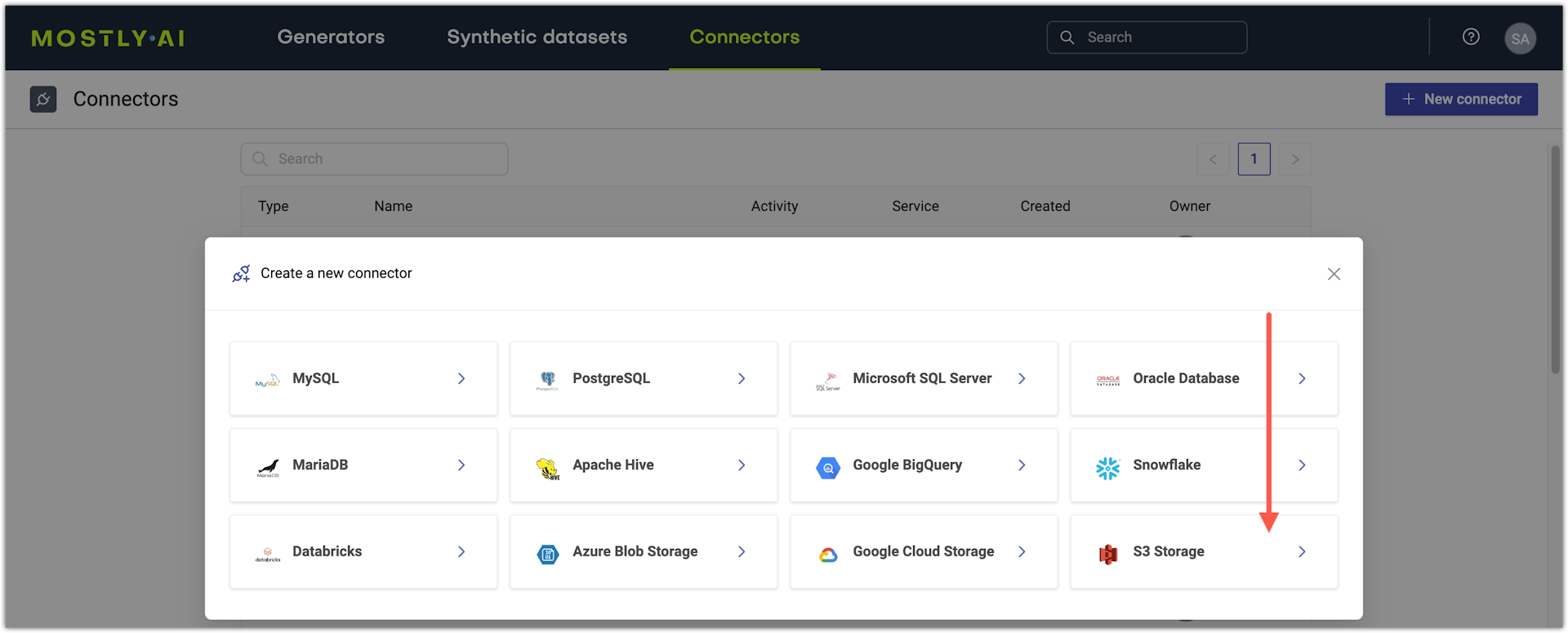 Select AWS S3 storage connector