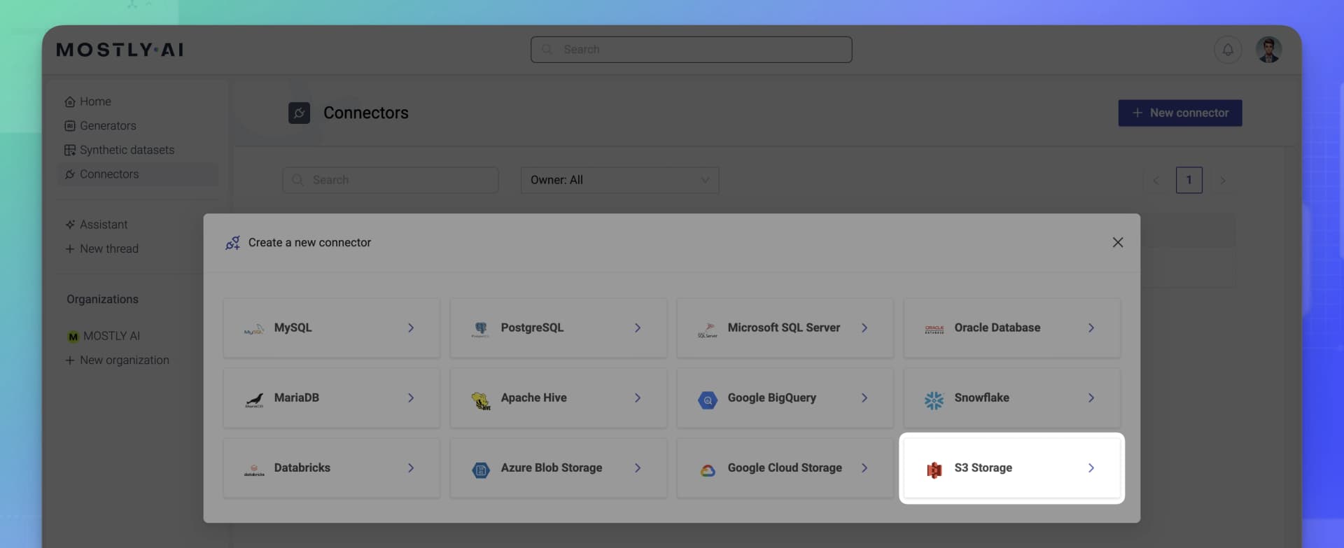 Select AWS S3 storage connector