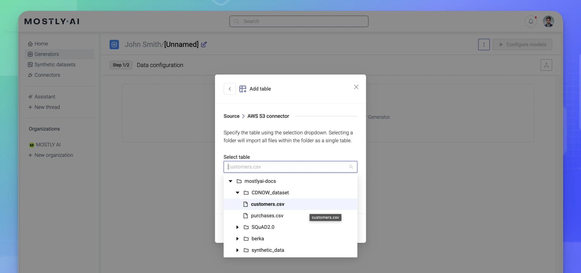 Connector as a data source - 06 - Object storage tree view - select table