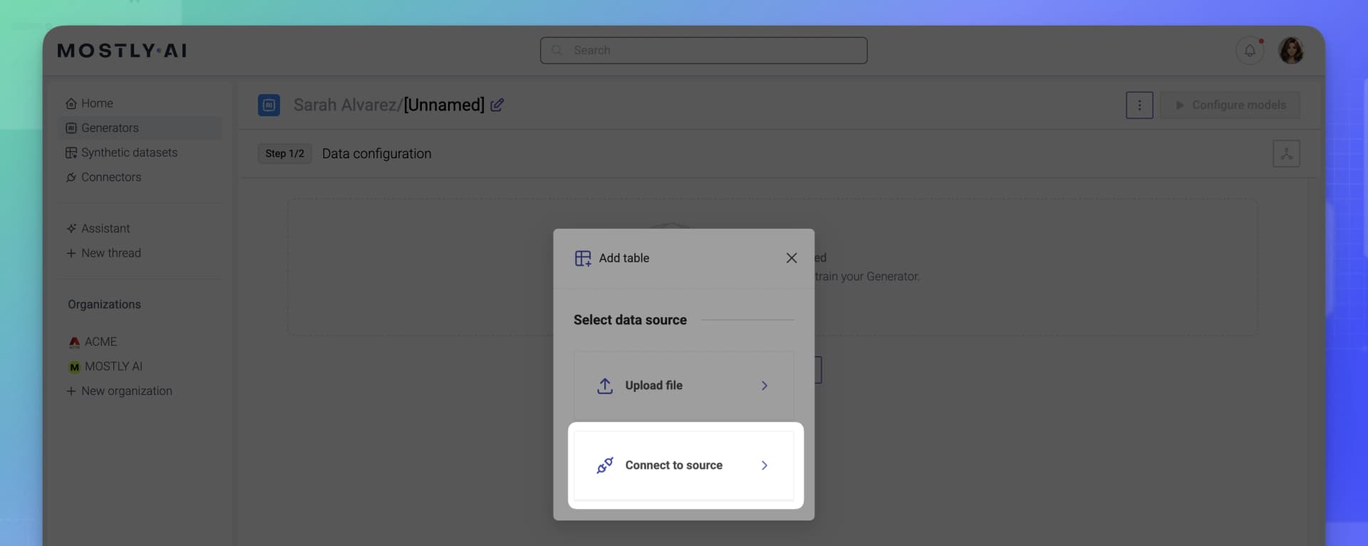 MOSTLY AI - Generators Add data - 02 - Click Connect to source