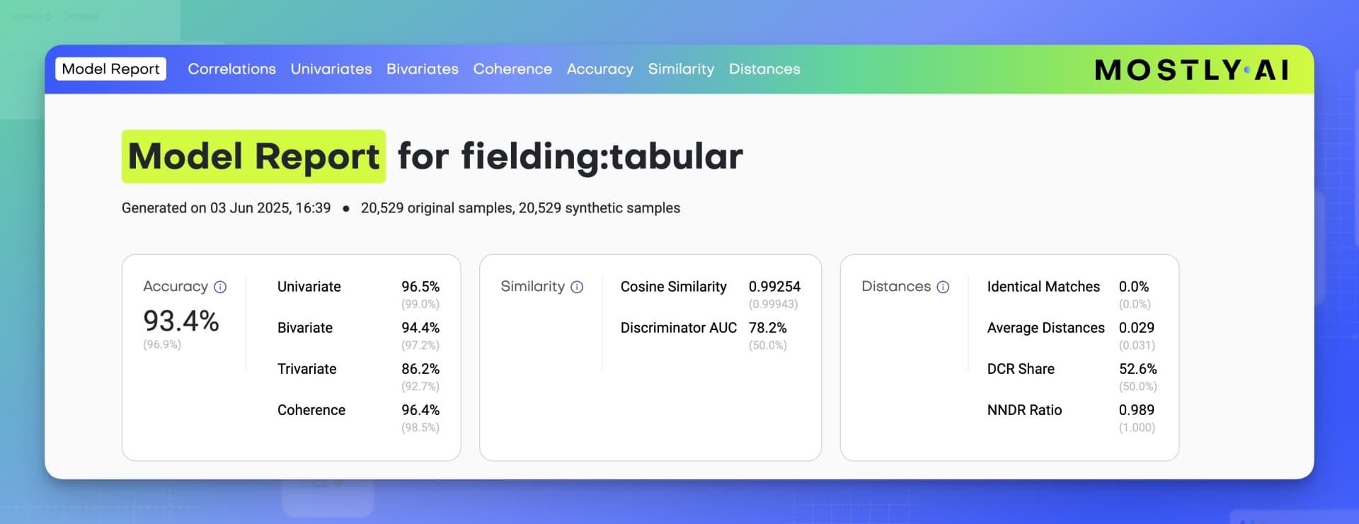 Model report - top section - Dataset statistics, Accuracy, Distances