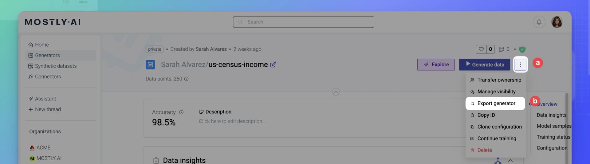MOSTLY AI - Export a generator - 01 - Open kebab menu and select Export to file