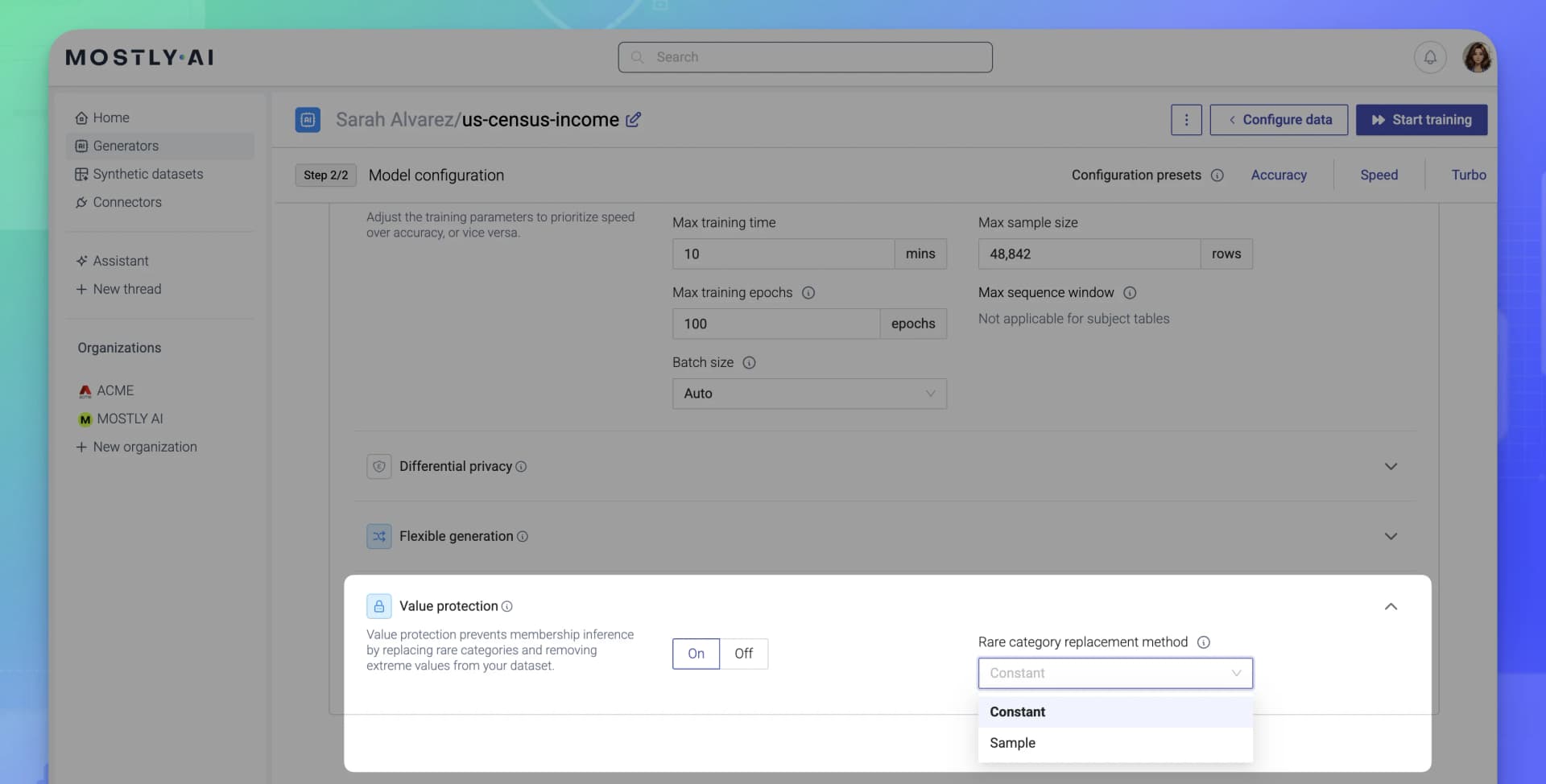 MOSTLY AI - Generator configuration - Define privacy mechanisms