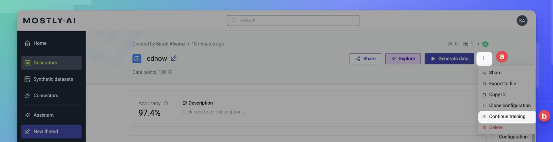 MOSTLY AI - Continue training - 02 - From Generators details page, kebab menu, Continue training