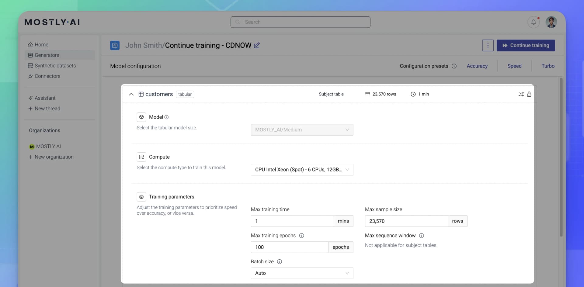 MOSTLY AI - Continue training - 03 - Configure model and training options