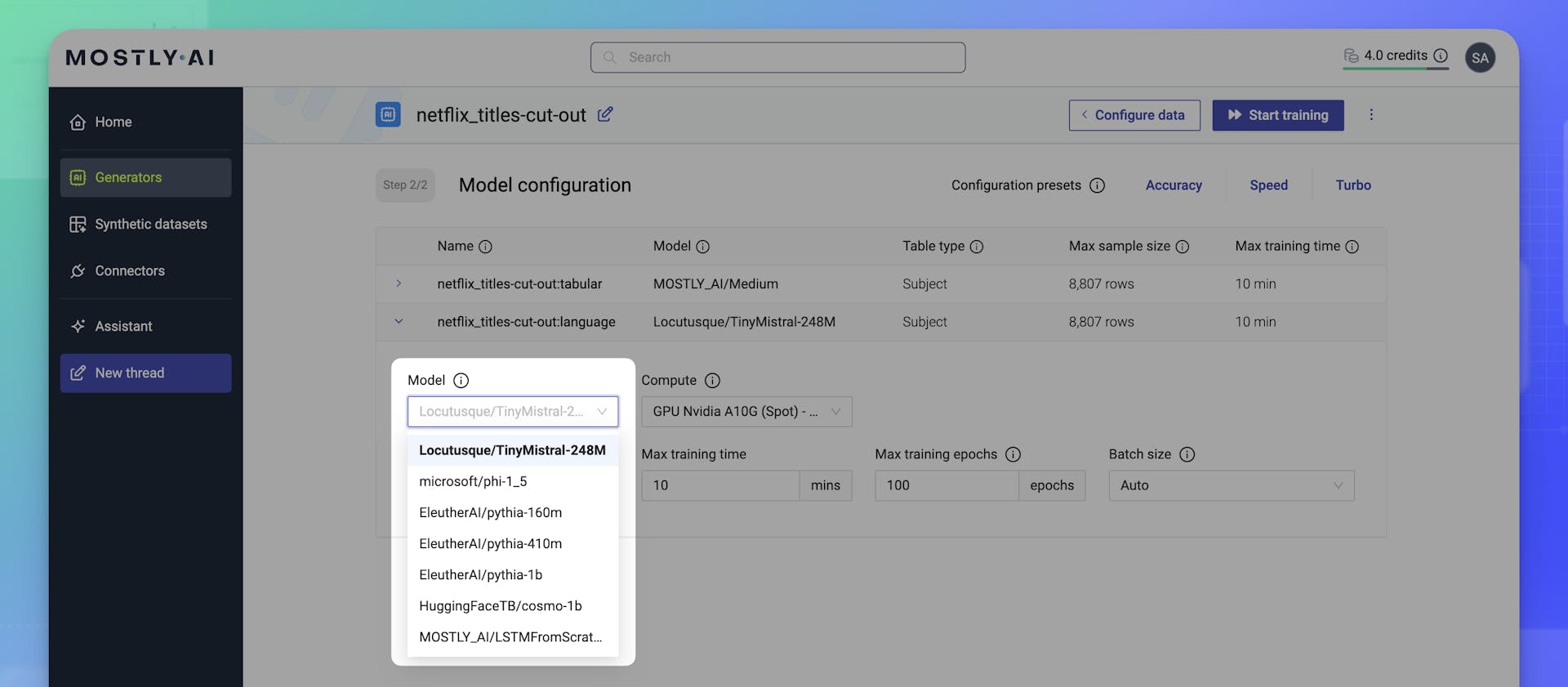 MOSTLY AI Free version - Available Text generation models from HuggingFace