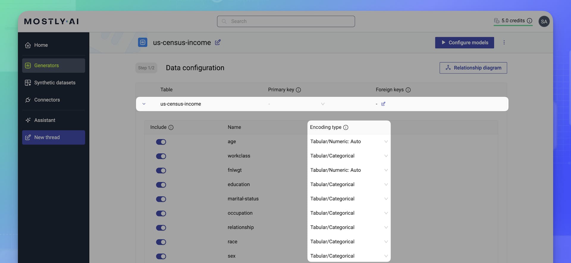 MOSTLY AI - Generator - Set column types - Select an added table