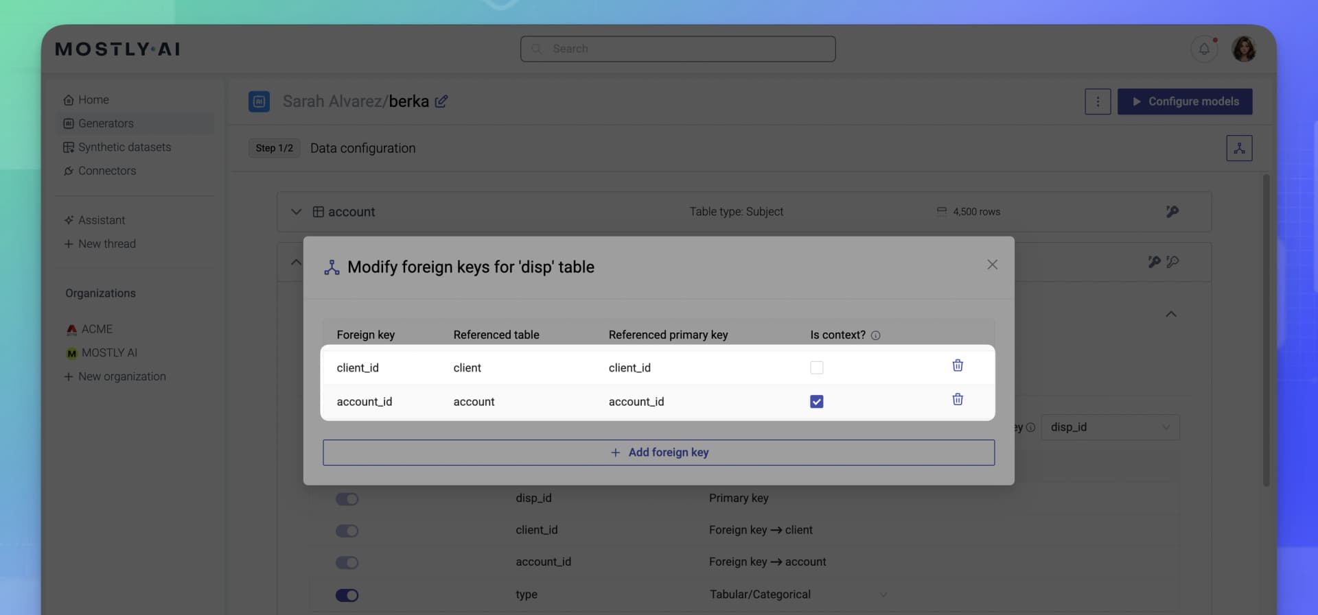 MOSTLY AI - Multi-table relationships - Set foreign keys for disp table