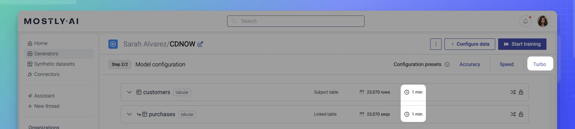 MOSTLY AI - Generator configuration - Select Turbo configuration preset