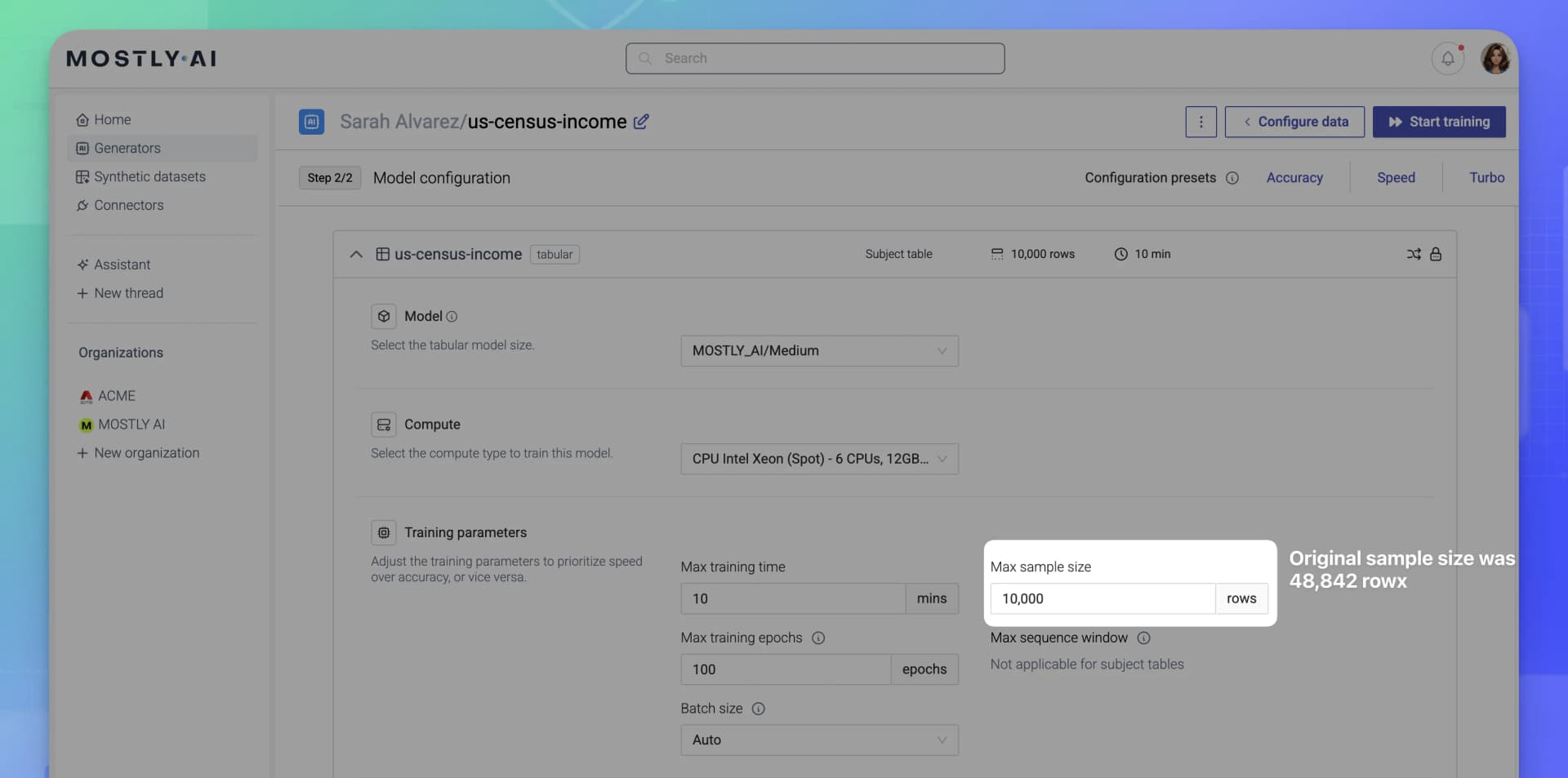 MOSTLY AI - Generator configuration - Decrease maximum training sample size