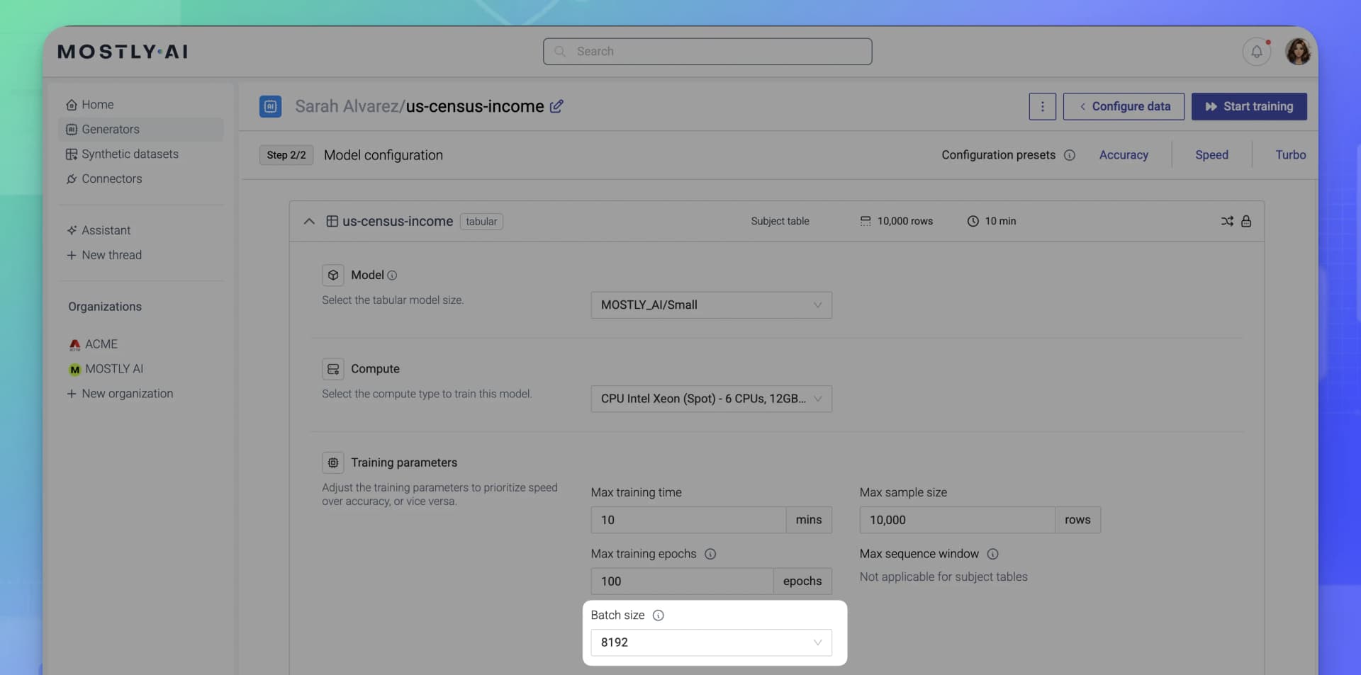 MOSTLY AI - Generator configuration - Increase batch size