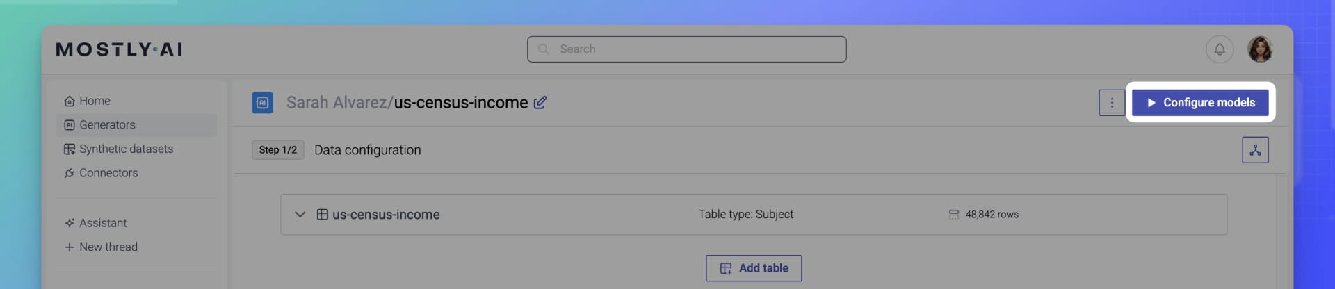 MOSTLY AI - Data configuration - Click Configure models