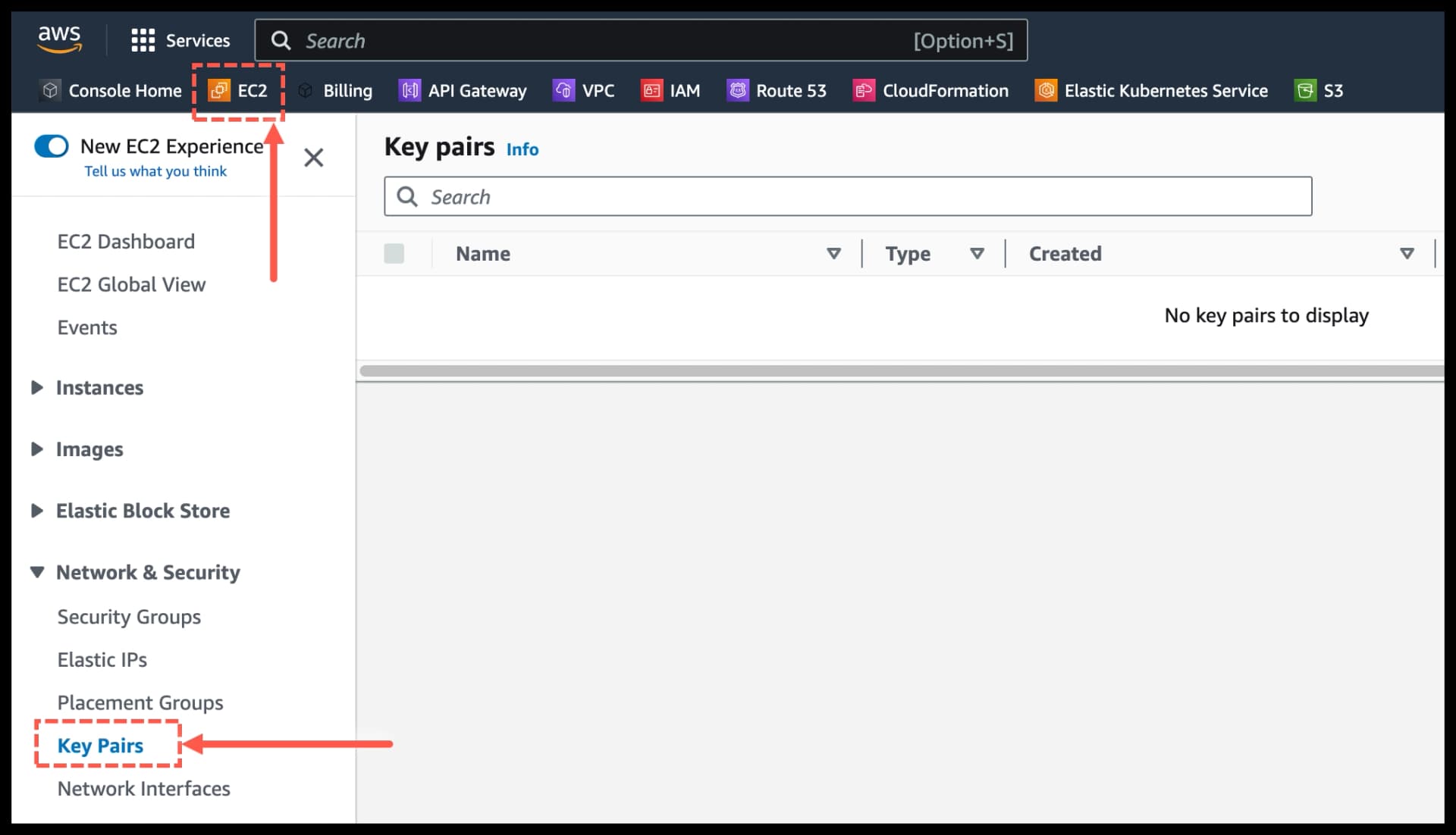 Get a key pair - Open EC2 > Key pair