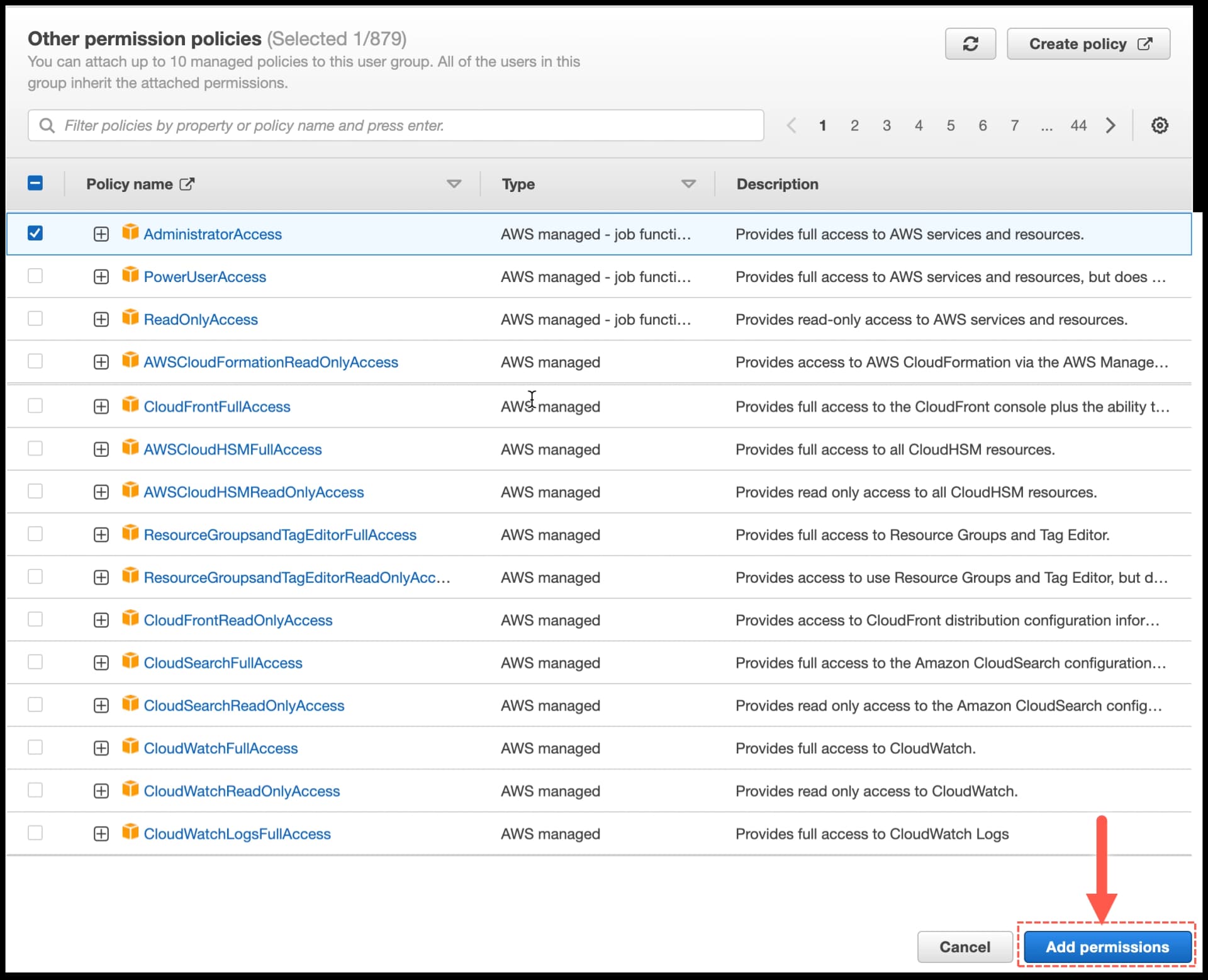 AWS IAM User group - Click Add permissions