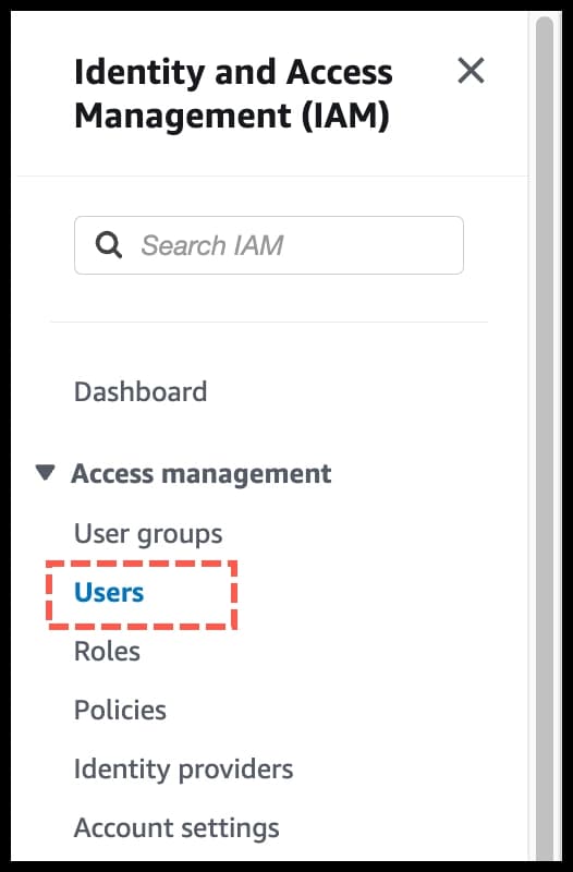 AWS IAM - Select Users from sidebar