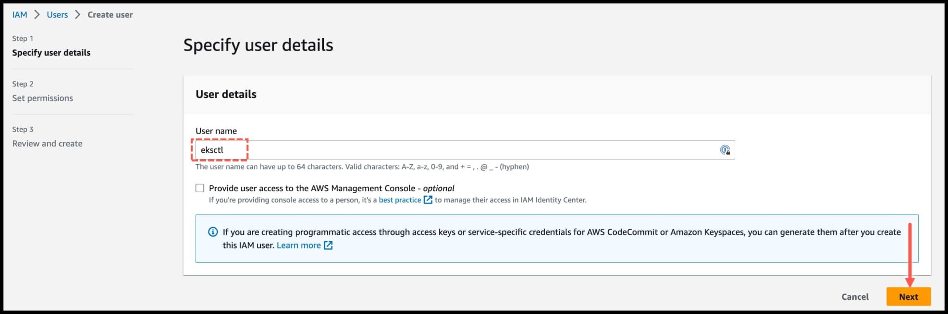 AWS IAM - Name user and click Next