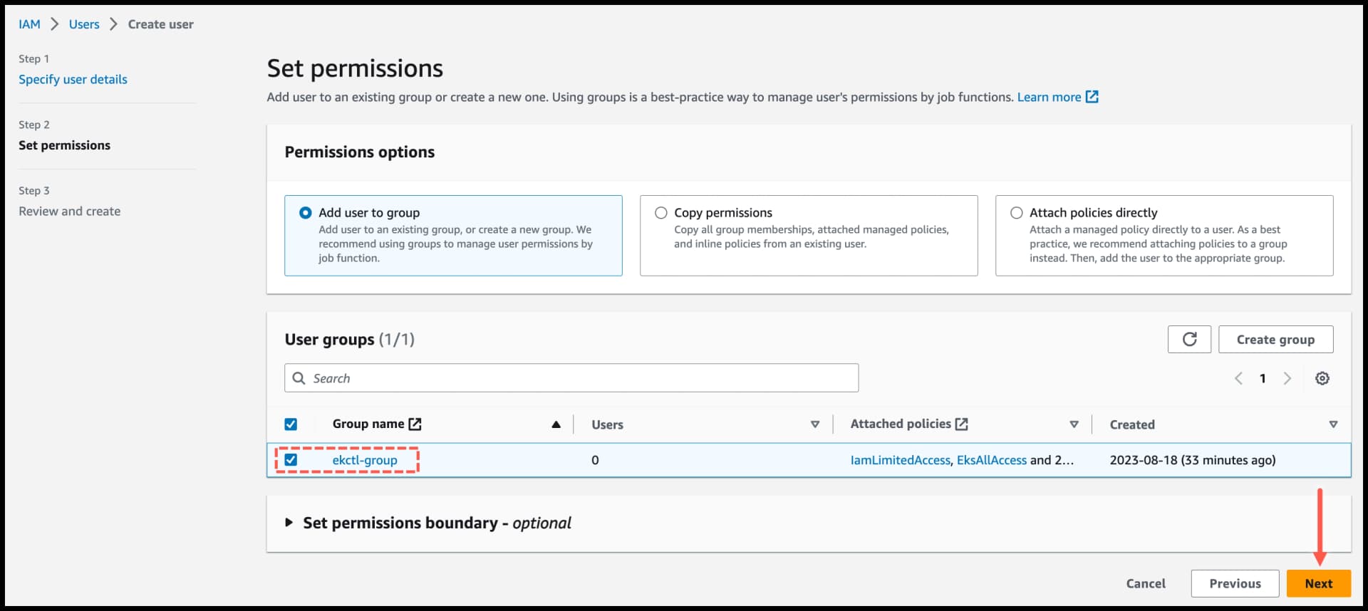 AWS IAM - select user group and click Next