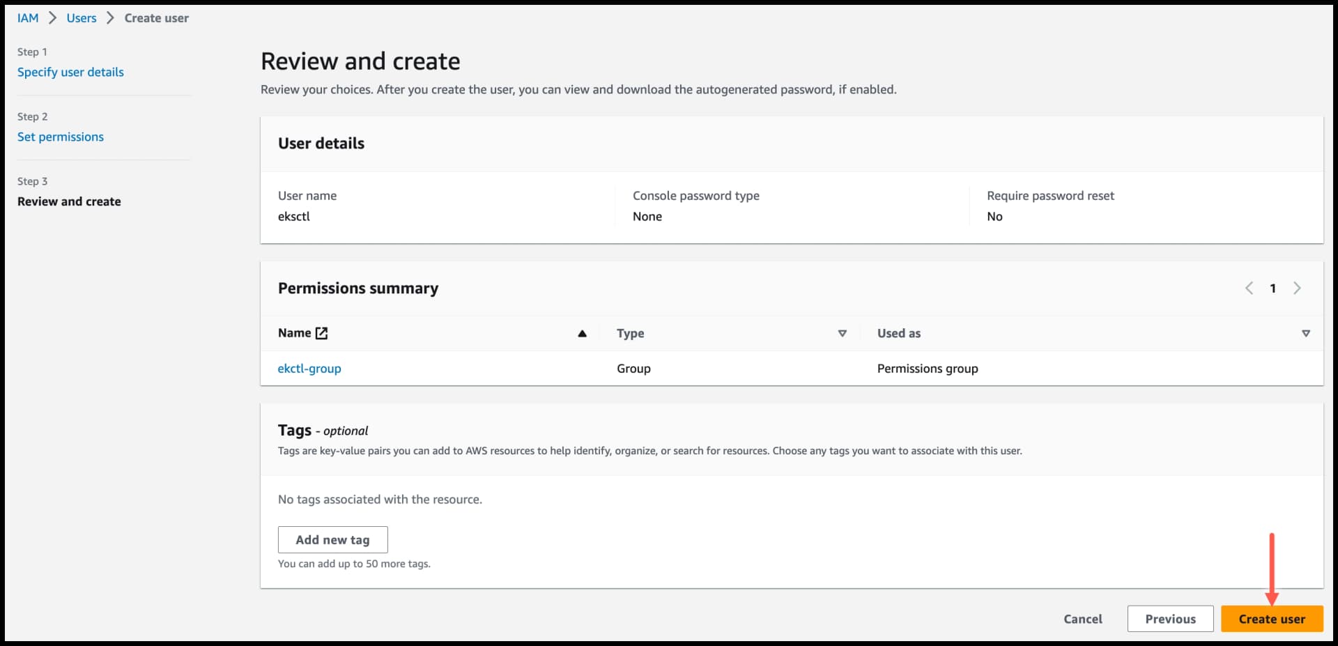 AWS IAM - click Create user