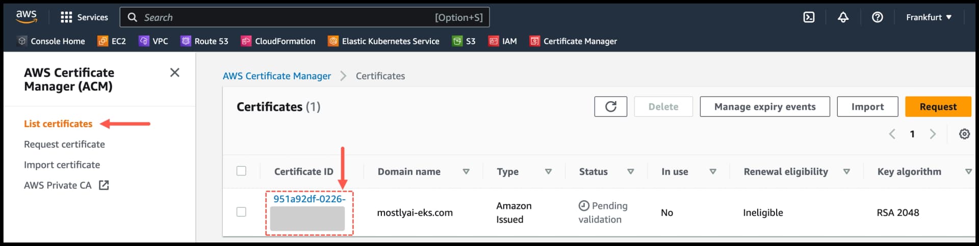 AWS Certificate Manager - open the certificate request with pending validation