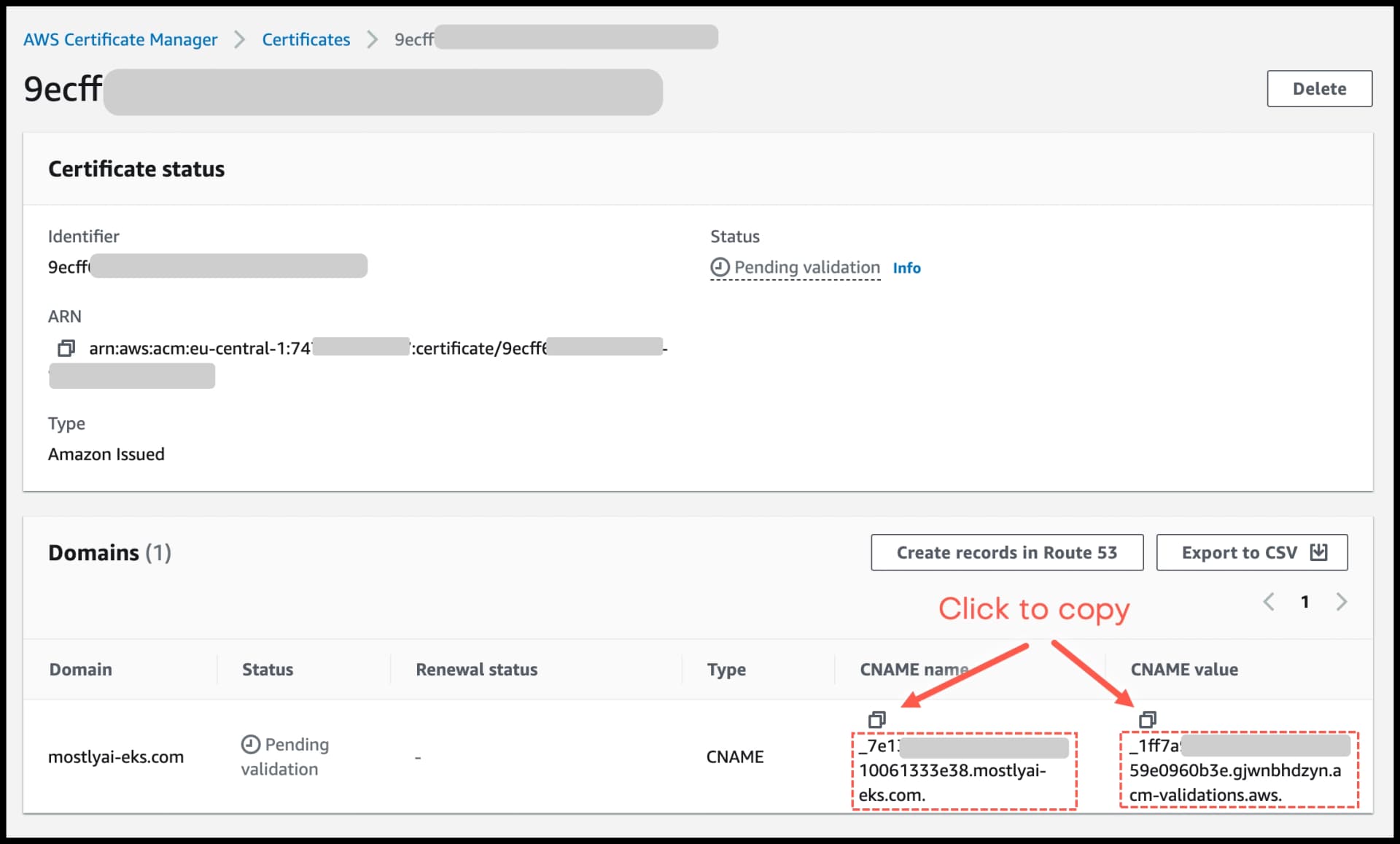 AWS Certificate Manager - copy CNAME name and value