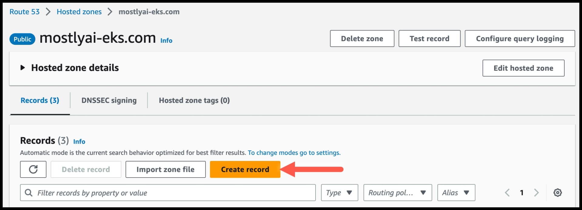 AWS Route 53 - click Create record