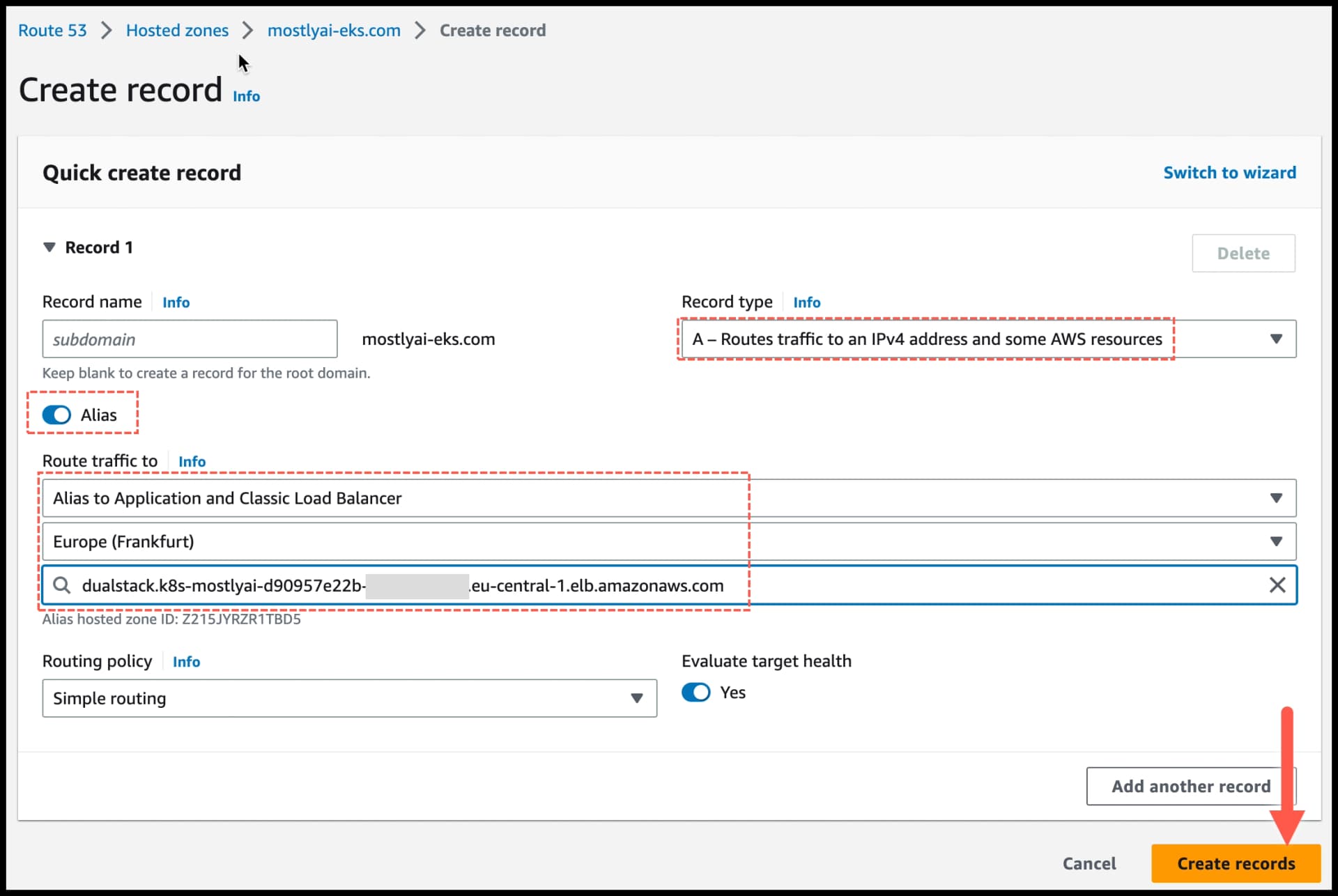 AWS Route 53 - configure A record