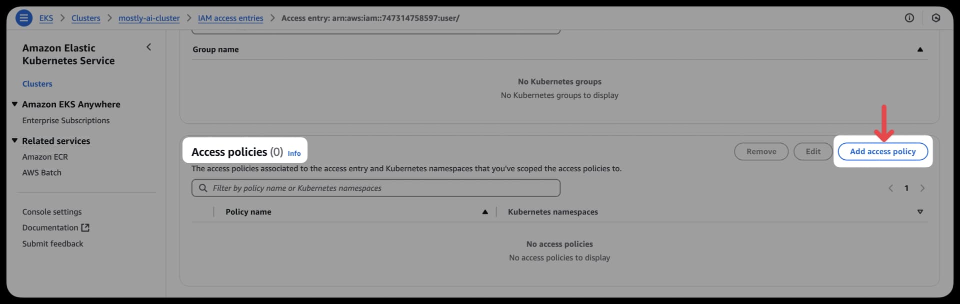 AWS EKS Cluster - Click Add access policy