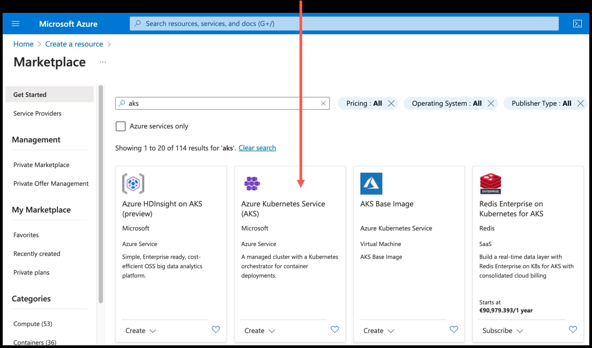 Azure - Create AKS cluster - Select Azure Kubernetes Services