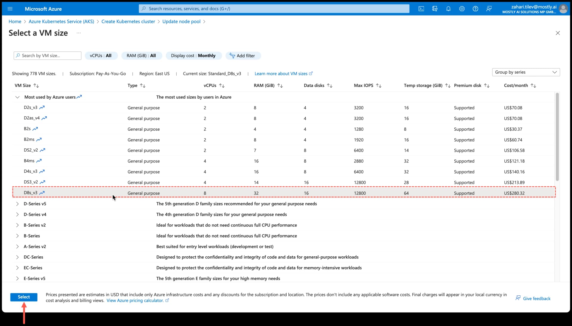 Azure - Create AKS cluster - Select VM size