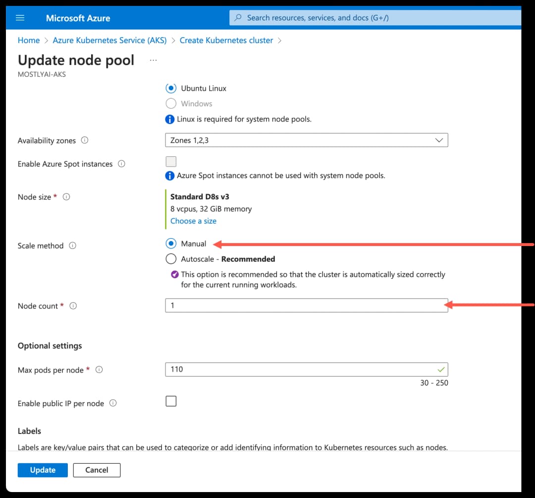 Azure - Create AKS cluster - Select Scale method and Node count