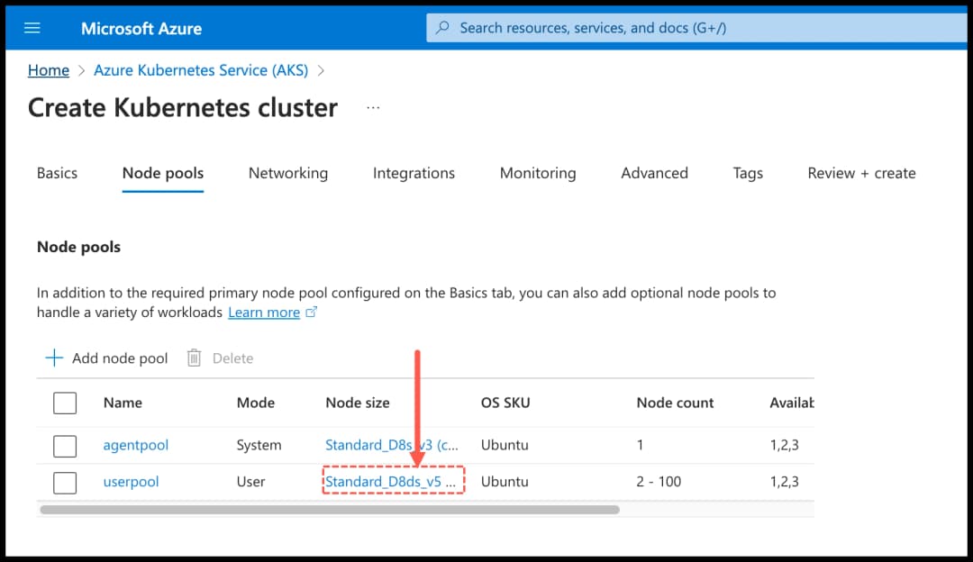 Azure - Create AKS cluster - Select userpool node size