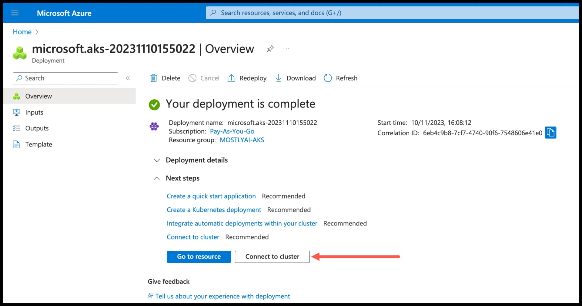 Azure AKS cluster page - Click Connect to cluster