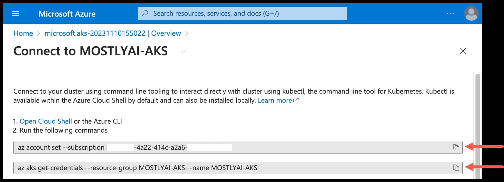 Azure AKS cluster page - Run commands to connect to the cluster