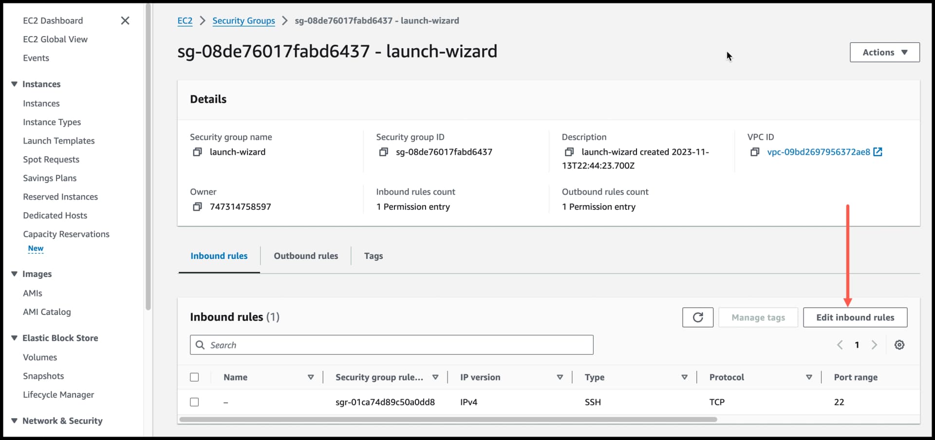 AWS EC2 Security - Click Edit inbound rules