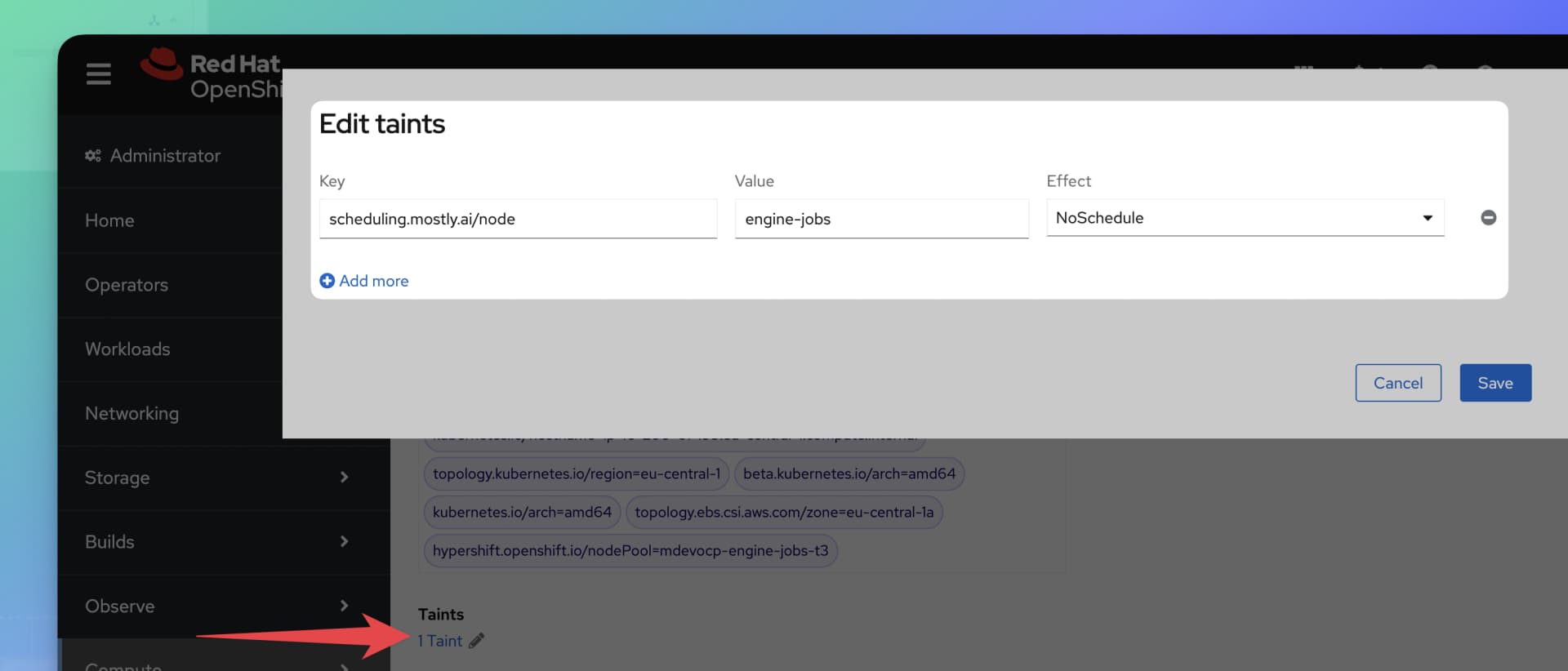 Taints on OpenShift nodes