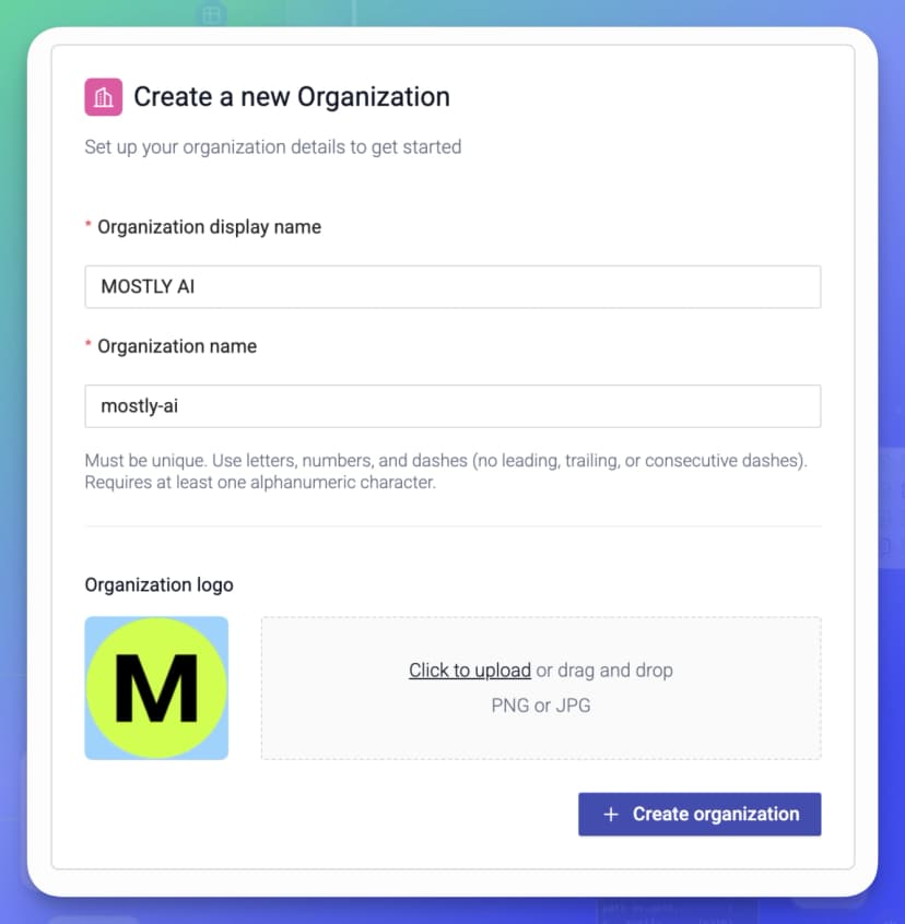 Create a new organization - 02 - Set display name, organization name, and logo