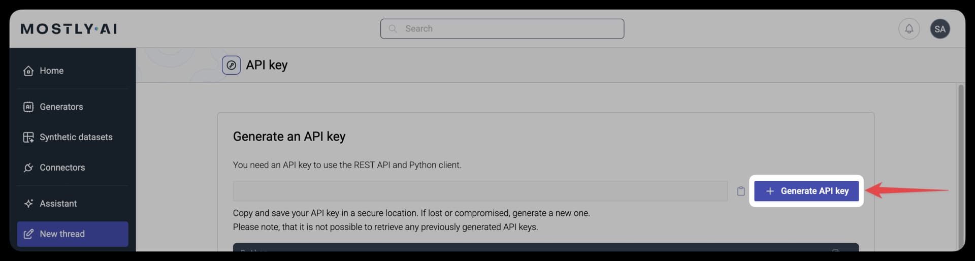 MOSTLY AI - Python SDK - Click Generate API key