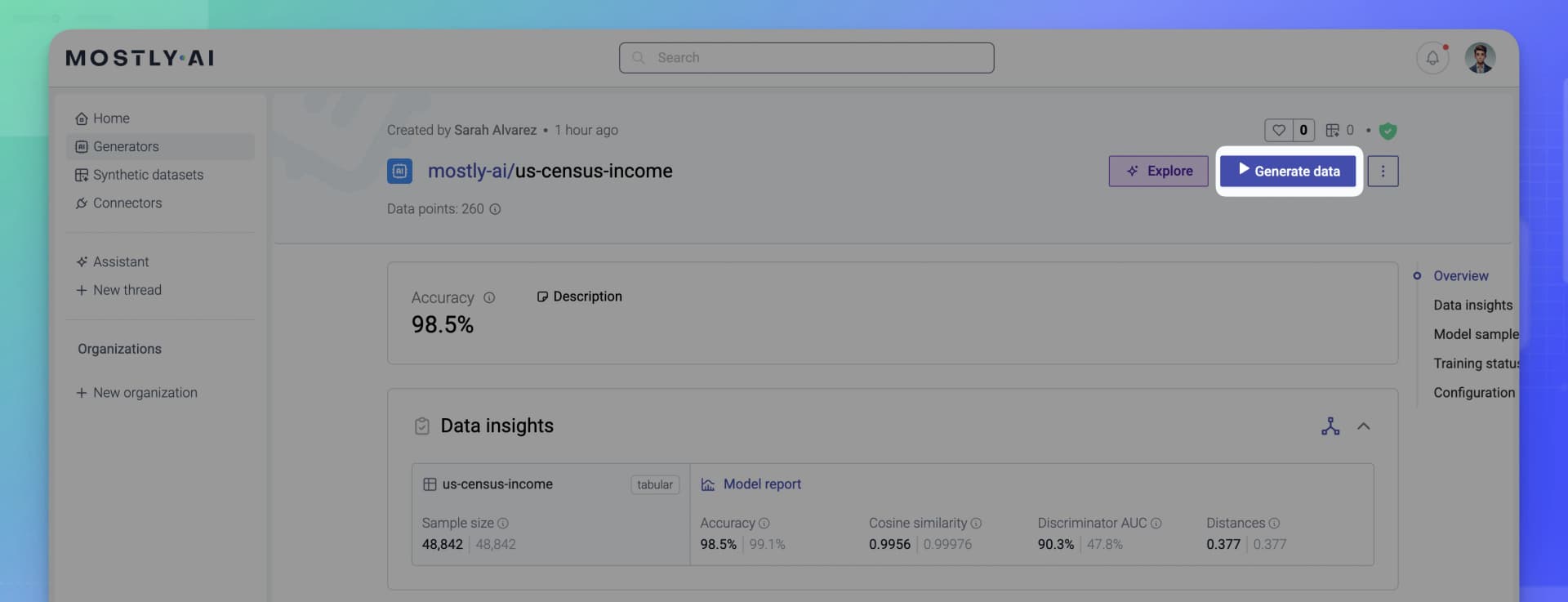 MOSTLY AI - Generate synthetic data - 01 - Click Generate data