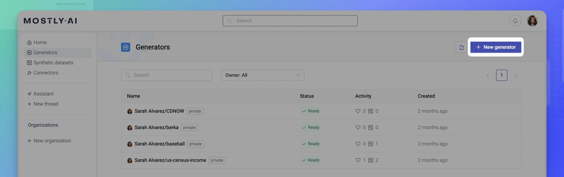 MOSTLY AI - Train a generator - 01 - Click New generator