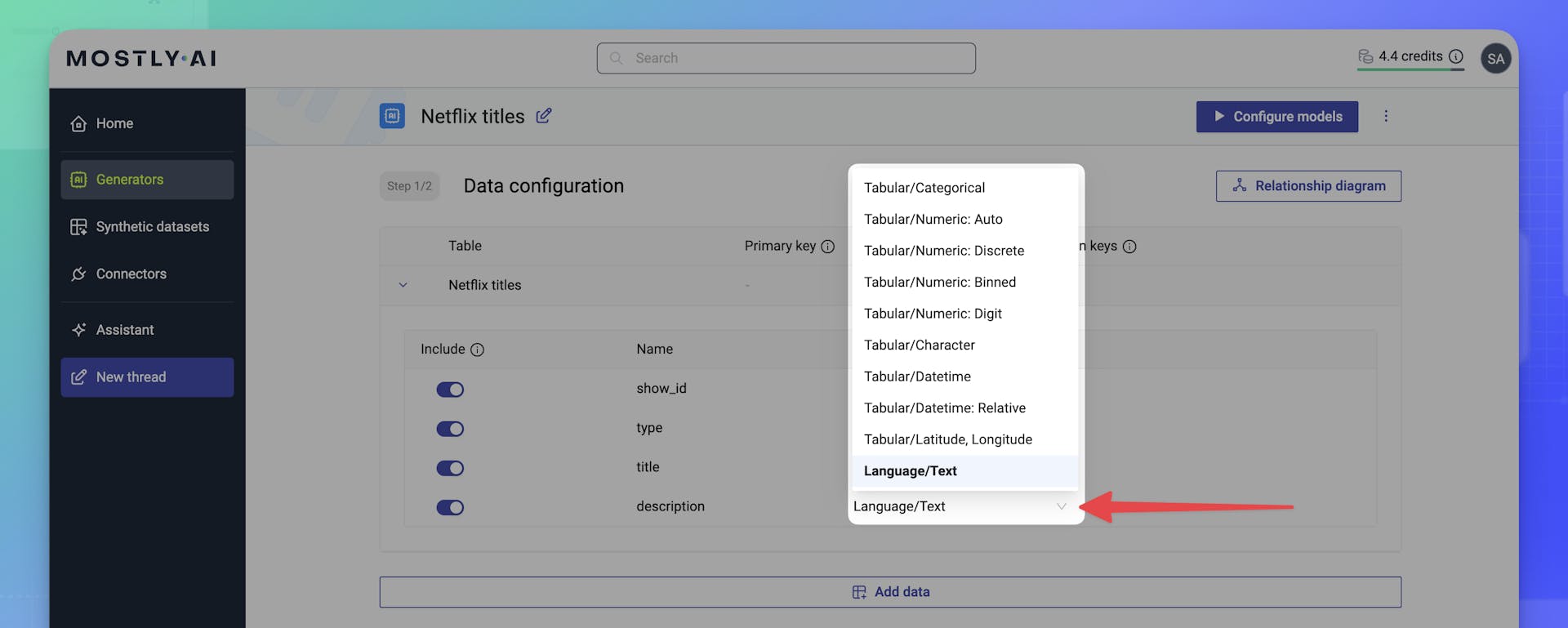 MOSTLY AI Unstructured text - Select Language/Text as Encoding type