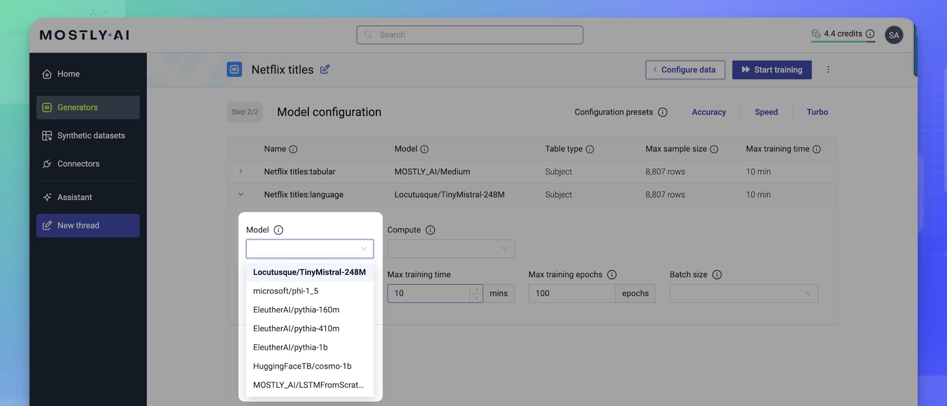 MOSTLY AI Unstructured text - Select language model to use